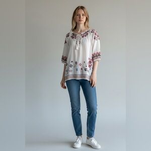 Johnny Was LA Embroidered Floral Tunic Boho White Shirt Blouse Top Henley Small